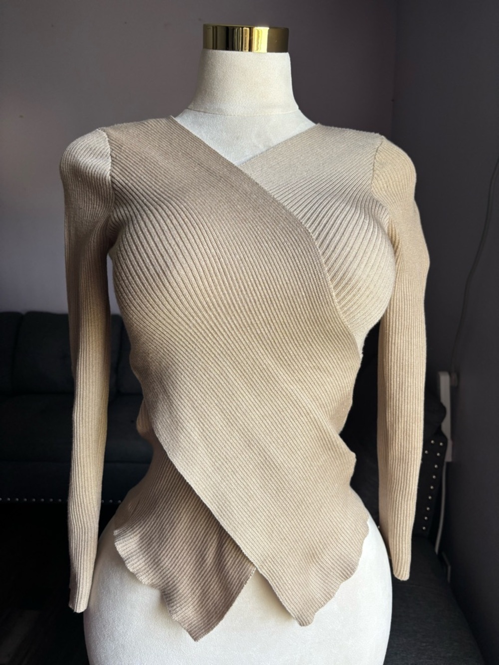 New Look Beige Wrap Ribbed Long Sleeve Top